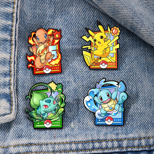 Four colorful characters Charmander, Squirtle, Pikachu, and Bulbasaur on a denim jacket