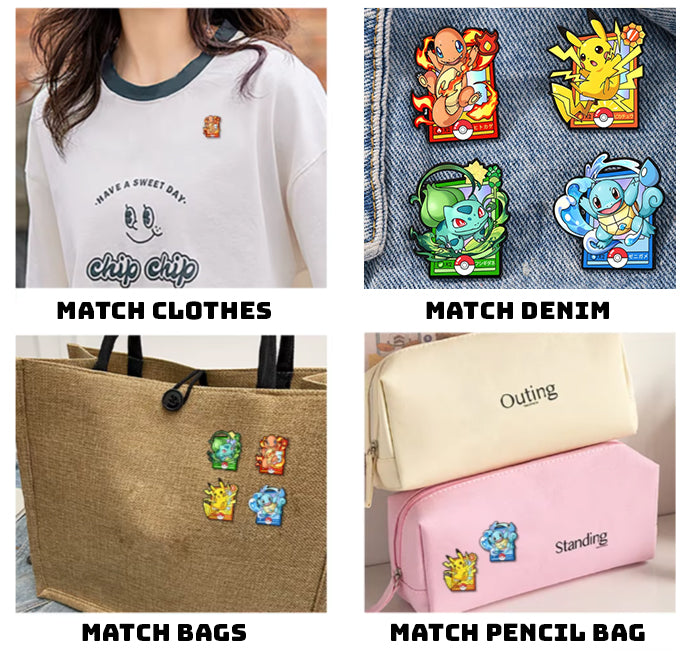 Collection of clothing, denim, bags, and pencil cases with cartoon character pins.