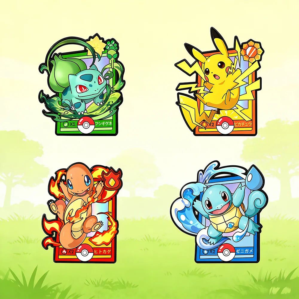 Four colorful characters Charmander, Squirtle, Pikachu, and Bulbasaur on a grass background