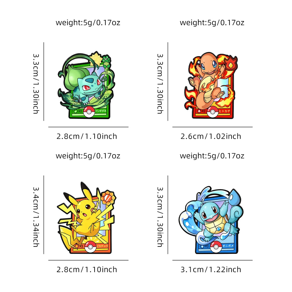 Pokémon character pins with dimensions and weights on a white background