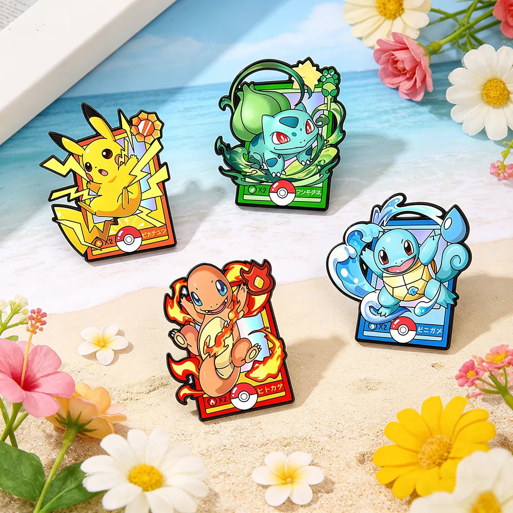Four colorful characters Charmander, Squirtle, Pikachu, and Bulbasaur on a Hawaiian background
