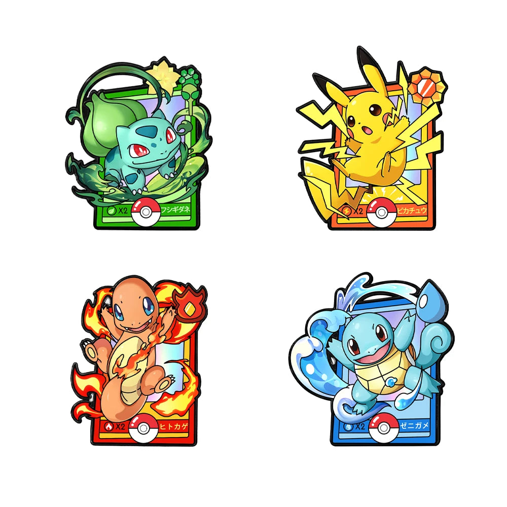 Four colorful characters Charmander, Squirtle, Pikachu, and Bulbasaur on a white background 